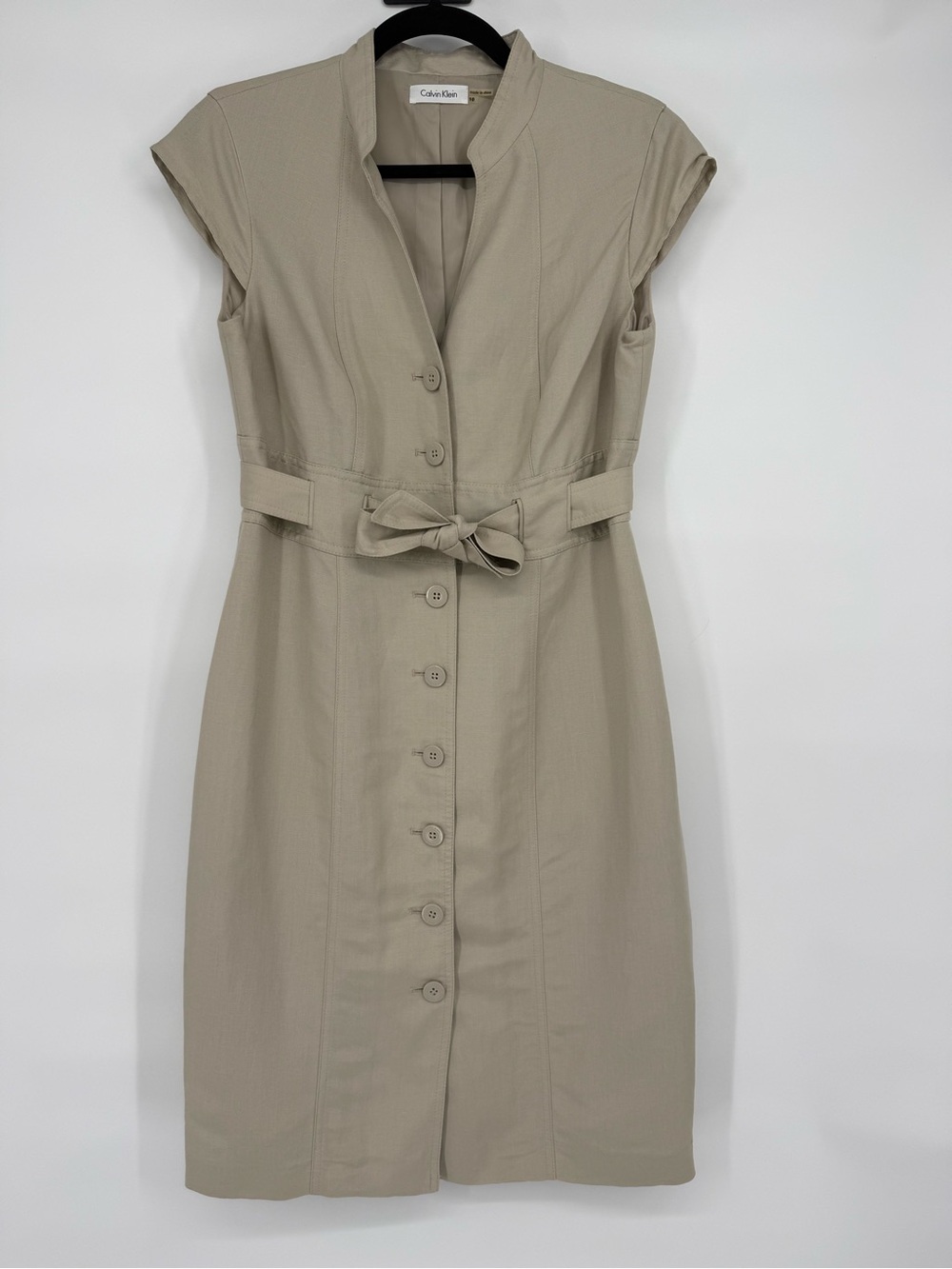 Calvin Klein Linen Blend Belted Dress Career Office Button Front Midi 10 Corp